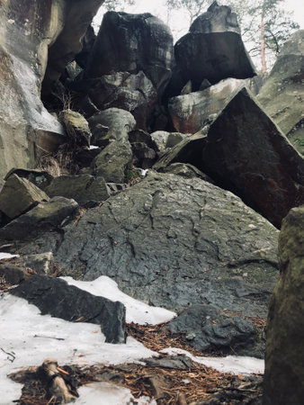 A rugged landscape with large rocks partially covered in snow, surrounded by scattered pine needles....