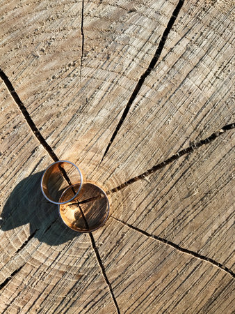 Two gold wedding rings placed on a rustic wooden surface, showcasing natural textures and warmth. Symbolizes love, commitment, and union. Ideal for marriage, anniversary, or romantic concepts.の写真素材