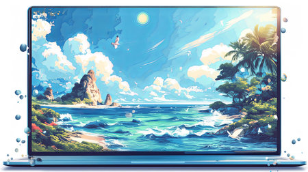 A stunning digital ocean scene displayed on a laptop screen, featuring vibrant blue waters, lush greenery, and puffy clouds, creating a tropical and serene atmosphere. Ideal for creative inspiration.の素材