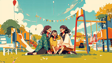 Three happy sisters in colorful clothes sit together in a vibrant playground setting, under a clear blue sky, enjoying the sunshine and fostering a sense of joy and togetherness.の素材