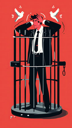 Illustration of a businessman inside a cage feeling trapped, with birds symbolizing freedom, creating a sense of confinement and stress. The red background enhances the emotion of frustration.の素材