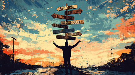 Silhouette of a person standing before multiple directional signs, symbolizing choices and uncertainty, set against a vibrant sunset. An artistic representation of decision-making in life.の素材