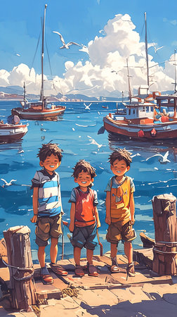 Three happy children standing on a pier by the sea, surrounded by boats and seagulls, under a vibrant blue sky. Ideal for themes of childhood joy and summer adventures.の素材