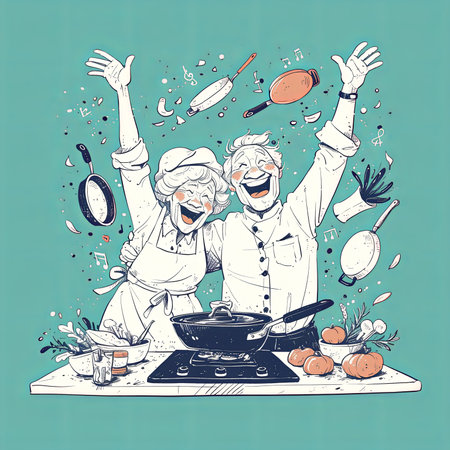 A lively illustration of a happy senior couple enjoying cooking together. They are surrounded by kitchenware and music notes, capturing a moment of fun and togetherness in the kitchen.の素材
