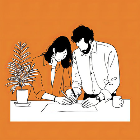 A minimalistic illustration of a couple working together at a table, emphasizing teamwork and creativity in a modern setting. Includes a plant and coffee mug on a vibrant orange background.の素材