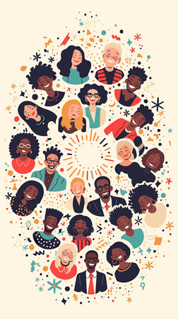A vibrant illustration depicting diverse individuals of various ages and backgrounds, sharing smiles and joy. This artwork celebrates community, inclusion, and happiness through colorful and expressive portraits.の素材