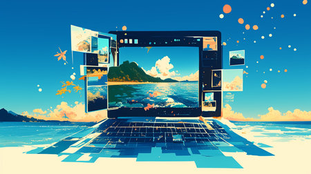 A vibrant illustration of digital photo editing on a laptop showcasing artistic landscapes. The image symbolizes creativity, innovation, and the intersection of technology and nature.の素材