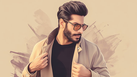 A fashionable man wearing sunglasses and a jacket showcases a modern, confident look. The artistic background adds a dynamic and creative touch, emphasizing style and sophistication.の素材