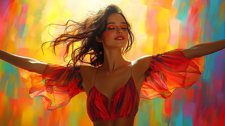 A woman with stunning bright makeup joyfully dances in front of a vivid, multicolored backdrop, capturing the essence of happiness and freedom. Her dynamic pose and expression exude confidence and joy.の素材