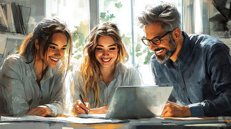 A cheerful group of business professionals collaborating around a laptop, discussing ideas and enjoying their teamwork in a bright office setting. The scene exudes positivity, creativity, and cooperation.の素材