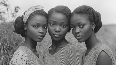 A timeless black and white portrait showcasing three graceful women in vintage attire, reflecting elegance and unity. Their serene expressions and natural backdrop evoke a sense of harmony and beauty.の素材