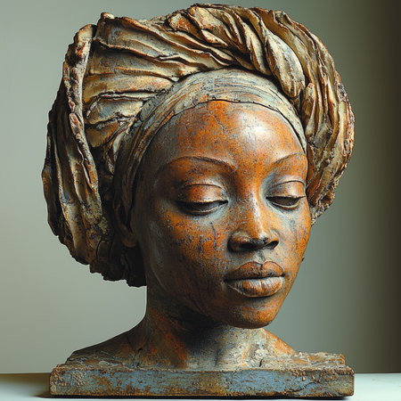 Stunning sculpture of a woman wearing a headwrap, capturing a serene expression. This intricate artwork reflects cultural heritage and artistic excellence, highlighting the beauty of traditional attire and skillful sculpture techniques.の素材