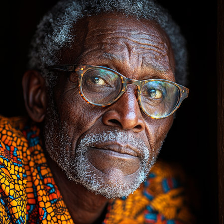 An elderly man wearing glasses and traditional attire gazes thoughtfully. His expression depicts wisdom and reflection. The vibrant pattern of his clothing contrasts with his serene countenance.の素材
