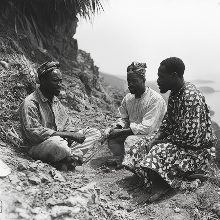 A group of three men sit and converse on a rocky cliffside, dressed in traditional clothing. The image evokes a sense of community, tradition, and cultural connection.の素材