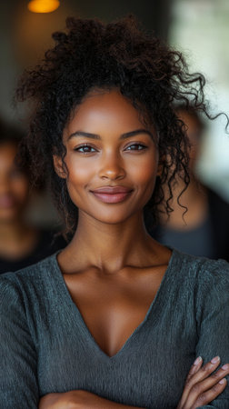 A young and confident professional stands with arms crossed, exuding a sense of authority and poise in a modern office setting. Perfect for business or career-themed content.の素材