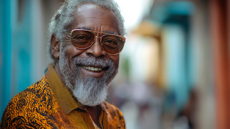 A joyful elderly man wearing sunglasses and a colorful shirt smiles warmly in an outdoor urban setting. The image conveys happiness, leisure, and a zest for life.の素材