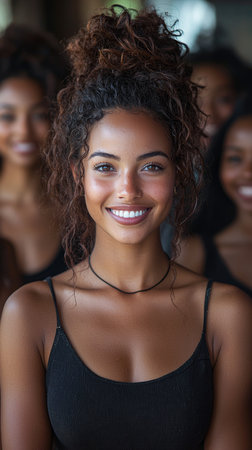 A confident young woman smiles warmly with crossed arms, standing in front of a group. The image captures a sense of unity, positivity, and empowerment among the group members.の素材