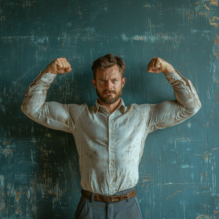 A determined businessman stands confidently, flexing his arms with strength, in front of a rustic, textured wall, symbolizing power and resilience in professional life.の素材
