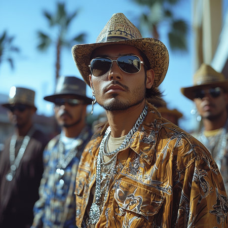 A group of fashionable men stand together outdoors, showcasing style with hats and sunglasses. The vibrant background of palm trees enhances the urban and trendy vibe.の素材