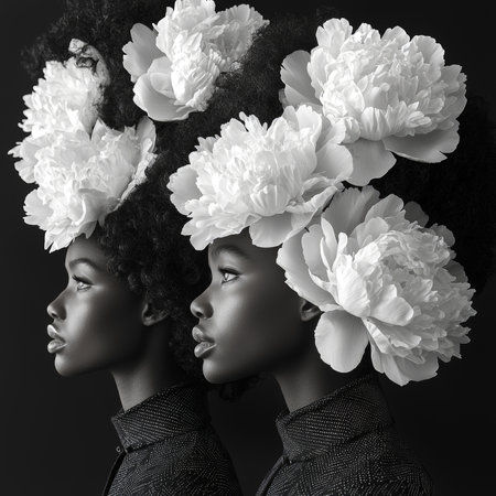Black and white portrait showcasing the elegance and beauty of women adorned with large floral headpieces. Captures a sense of grace, style, and artistic expression with a strong attention to detail.の素材