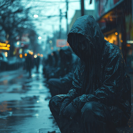 A hooded figure sits on a wet street in an atmospheric urban setting, evoking feelings of solitude and contemplation. The scene is dimly lit with glowing city lights in the background.の素材