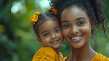 A joyful mother and daughter share a close embrace while smiling brightly outdoors. Both are dressed in matching yellow attire, embodying happiness and familial love in a lush green setting.の素材
