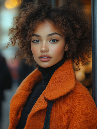 Elegant woman in a fashionable orange coat, striking a confident pose outdoors. Capturing a sense of style and autumn fashion, her expression is poised and charismatic.の素材