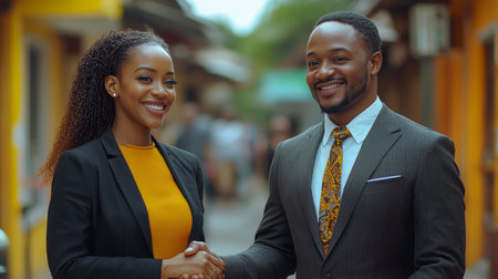 Two confident business professionals greet each other with a firm handshake outdoors, expressing success and partnership. They emanate professionalism and positivity in a vibrant business environment.の素材