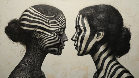 A striking optical illusion featuring a man and woman facing each other, adorned with intricate black and white striped patterns. This creative composition evokes a sense of intrigue and artistic expression.の素材