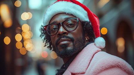 A confident man in a Santa hat poses in a vibrant urban setting. His pink coat adds a unique touch to the festive atmosphere, reflecting a blend of holiday cheer and personal style.の素材