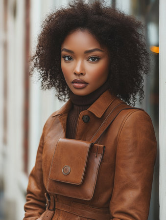 A fashionable woman posing outdoors, wearing a brown leather coat paired with a matching stylish crossbody handbag. The setting suggests urban sophistication and elegance, ideal for modern fashion concepts.の素材