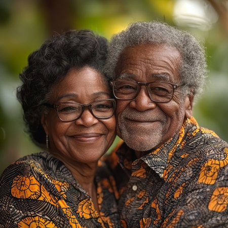 An elderly couple shares a warm embrace, radiating happiness. They wear vibrant, patterned clothing and appear content, symbolizing love and togetherness in their golden years.の素材