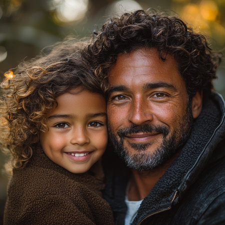A joyful father and son share a warm embrace, both smiling affectionately in a sunlit park. Their expressions convey deep love, happiness, and family bonding in a natural outdoor environment.の素材