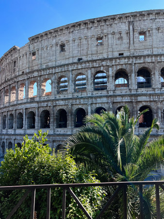 A breathtaking look at the historical Colosseum in Rome, Italy, showcasing ancient architecture surrounded by vibrant green plants and a clear blue sky.の写真素材
