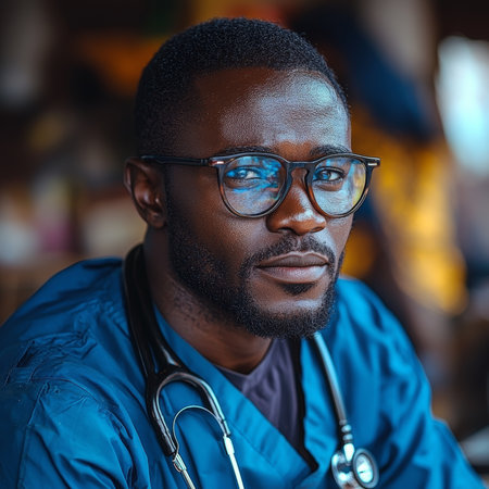 A confident healthcare professional, wearing blue scrubs and glasses, looks directly at the camera with a calm expression. The image captures dedication and professionalism in a medical setting.の素材