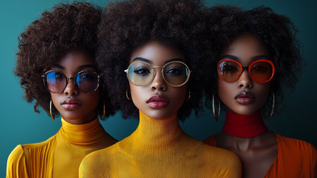 Portrait of three confident women with natural hair, wearing sunglasses and colorful turtlenecks. They exude modern fashion and a strong sense of individuality.の素材