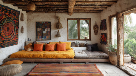 A rustic living room featuring African-inspired decor with colorful textiles and natural materials. The space showcases earthy tones, wooden beams, and vibrant wall hangings, creating a cozy and inviting atmosphere.の素材