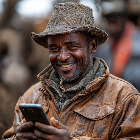 A joyful man wearing a hat and jacket, happily using his mobile phone in an outdoor setting. His positive expression conveys a sense of connection and technology in rural life.の素材