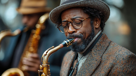 A musician wears a hat and glasses while playing the saxophone outside. The image conveys emotion, artistry, and the essence of jazz music. Perfect for themes of music and creativity.の素材