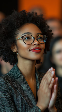 A confident woman with glasses applauds in a professional setting, expressing support and motivation. Her joyful demeanor conveys appreciation and success, inspiring those around her in the corporate environment.の素材