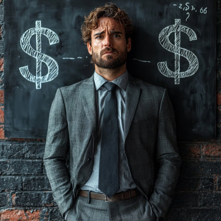 A businessman in a grey suit stands upset against a chalkboard with dollar symbols. He expresses frustration and stress, highlighting financial concerns or challenges in a business environment.の素材