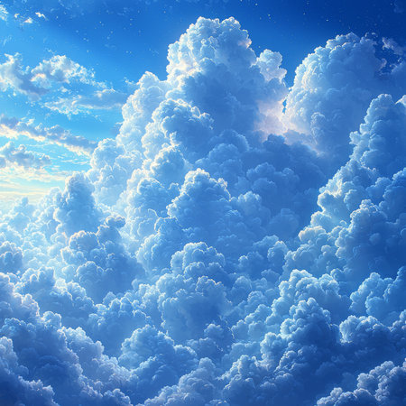 A breathtaking view of fluffy cumulus clouds illuminated by the rising sun. The serene blue sky enhances the majestic and tranquil atmosphere of the scenery.の素材