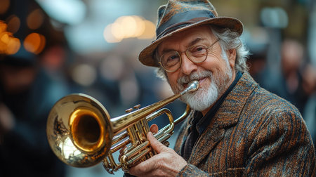 A cheerful elderly street musician plays a trumpet amidst a lively city backdrop. His joyful expression and stylish hat create a warm, welcoming atmosphere.の素材