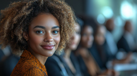 A confident young professional woman attending a business seminar, exuding empowerment and confidence. The setting suggests a corporate meeting or networking event with a diverse group of attendees.の素材