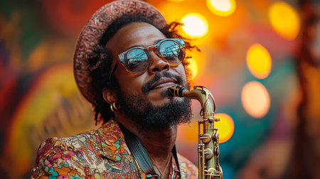 A cool saxophonist wearing sunglasses and a vibrant outfit plays music against a colorful urban backdrop. The image captures the spirit of street music and creative self-expression.の素材