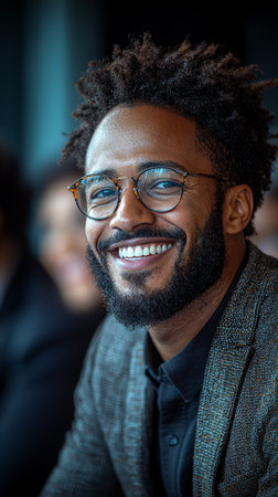 A smiling businessman is seated during a meeting, wearing glasses and a stylish grey blazer. His cheerful expression conveys a sense of confidence and success in a professional environment.の素材