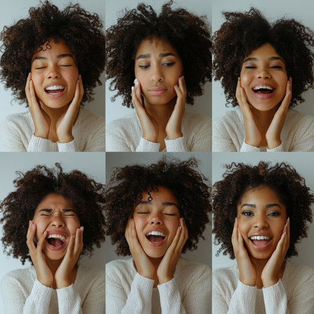 A diverse portrait collage of a woman showing different emotions, including happiness, sadness, and surprise. The images capture the nuances of human expression and individuality.の素材