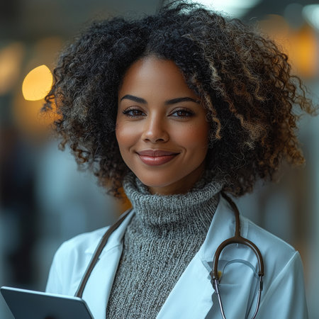 Portrait of a female doctor with a confident smile, holding a tablet. She is wearing a lab coat and a stethoscope, set in a hospital environment.の素材