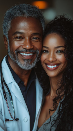 A joyful doctor with a stethoscope warmly embraces a smiling woman, conveying trust and support. The image highlights a positive healthcare relationship.の素材