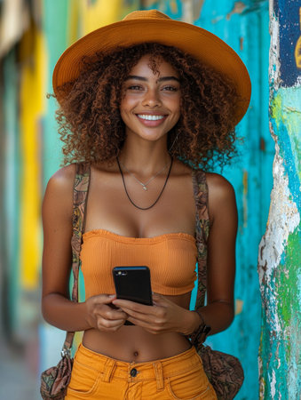 A joyful young woman enjoys exploring vibrant city streets, holding a smartphone. She wears a stylish orange outfit and sun hat, embodying travel, happiness, and adventure.の素材